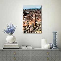 «Италия. Верона. Панорама с крышами» в интерьере современной гостиной с голубыми деталями