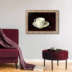 «White Cup and Saucer, 1864» в интерьере гостиной в бордовых тонах