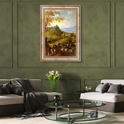 «Горный пейзаж со скотом на дороге» в интерьере гостиной в оливковых тонах