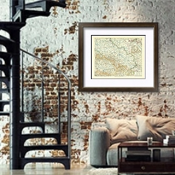 «Карта Силезии 1» в интерьере двухярусной гостиной в стиле лофт с кирпичной стеной