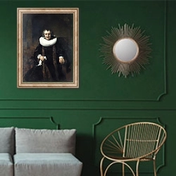 «Портрет Маргареты де Гиер, Жены Якоба Трипа» в интерьере классической гостиной с зеленой стеной над диваном