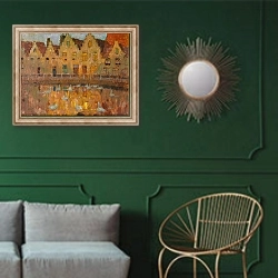 «Houses In Bruges» в интерьере классической гостиной с зеленой стеной над диваном