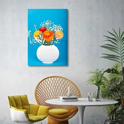 «Оранжевые цветы в белой вазе на голубом» в интерьере современной гостиной с желтым креслом
