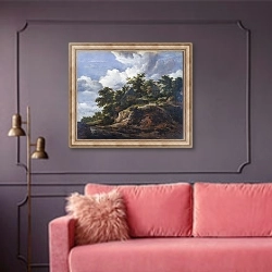 «Горный холм с тремя домами, и потоком под ним» в интерьере гостиной с розовым диваном