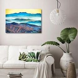 «Красивые голубые горы» в интерьере светлой гостиной в скандинавском стиле над диваном