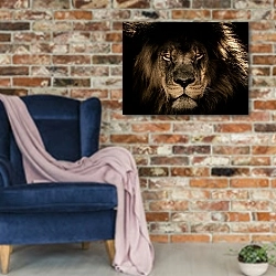 «Старый африканский лев» в интерьере в стиле лофт с кирпичной стеной и синим креслом