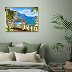 «Итальянский средиземноморский пейзаж» в интерьере современной спальни в зеленых тонах