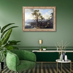 «Охота на оленя 2» в интерьере гостиной в зеленых тонах
