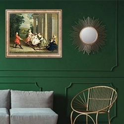 «Children Playing with a Hobby Horse, c.1741-47» в интерьере классической гостиной с зеленой стеной над диваном