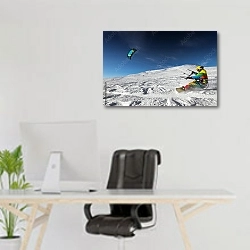 «Сноубордист съезжает с парашютом с горы» в интерьере офиса над рабочим местом