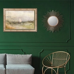 «Off the Nore: Wind and Water, 1840-5» в интерьере классической гостиной с зеленой стеной над диваном
