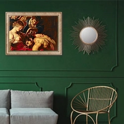 «Samson and Delilah, c.1609» в интерьере классической гостиной с зеленой стеной над диваном