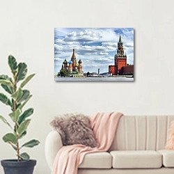 «Россия, Москва. Вид на Красную площадь» в интерьере современной светлой гостиной над диваном