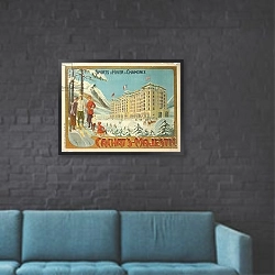 «Poster advertising the hotel 'Cachat's Majestic', and winter sports at Chamonix, c.1910» в интерьере в стиле лофт с черной кирпичной стеной
