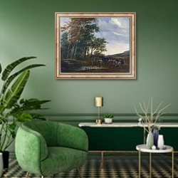 «Пейзаж с каретой и всадником у пруда» в интерьере гостиной в зеленых тонах