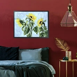 «Sunflowers, 1996» в интерьере классической гостиной с зеленой стеной над диваном