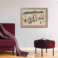 «Ms. cicogna 1971, miniature from the 'Memorie Turchesche' depicting the covered market in Istanbul» в интерьере гостиной в бордовых тонах