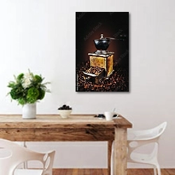 «Кофемолка с зёрнами» в интерьере кухни с деревянным столом