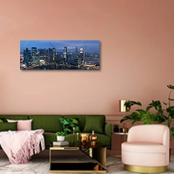 «Сингапур. Ночная панорама» в интерьере современной гостиной с розовой стеной