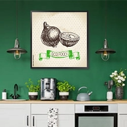 «Иллюстрация с луком» в интерьере кухни с зелеными стенами