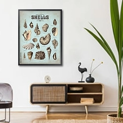 «Ретро плакат с видами ракушек» в интерьере комнаты в стиле ретро над тумбой