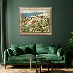 «Sea Shore Roses» в интерьере зеленой гостиной над диваном