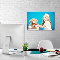 «Девочка-медсестра с коричневым плюшевым мишкой» в интерьере светлого офиса с кирпичными стенами
