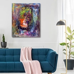 «Красочная разноцветная абстракция» в интерьере современной гостиной над синим диваном