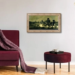 «The Fates, 1819-23» в интерьере гостиной в бордовых тонах