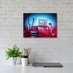 «Реторты, колбы и пробирки с красной жидкостью» в интерьере современного офиса с белой кирпичной стенкой