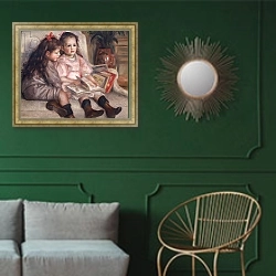 «Portraits of children, or The Children of Martial Caillebotte, 1895» в интерьере классической гостиной с зеленой стеной над диваном