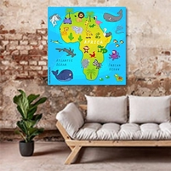 «Детская карта Африки» в интерьере гостиной в стиле лофт над диваном