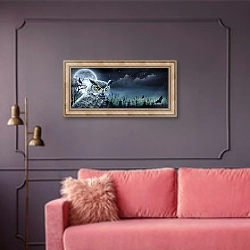 «Сова в ночном лесу» в интерьере гостиной с розовым диваном