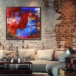 «Абстрактная картина #28» в интерьере гостиной в стиле лофт с кирпичной стеной