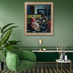 «Мужчина и женщина у верджинела» в интерьере гостиной в зеленых тонах