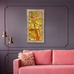 «The french vermilion bell, 2012, oil on wood» в интерьере гостиной с розовым диваном