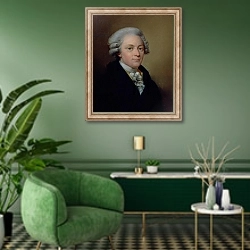 «Portrait of Wolfgang Amadeus Mozart» в интерьере гостиной в зеленых тонах