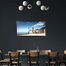 «Италия, Камольи. Вид на побережье» в интерьере столовой с темными стенами
