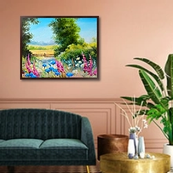 «Поле с цветами и лес» в интерьере классической гостиной над диваном
