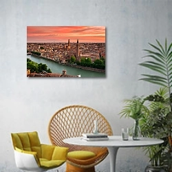 «Италия. Верона. Панорамный вид на закате» в интерьере современной гостиной с желтым креслом