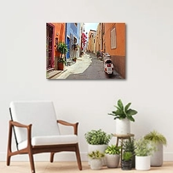 «Скутер на узкой улице с цветными домами» в интерьере современной комнаты над креслом