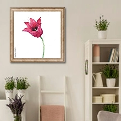 «Красный цветок тюльпана на белом фоне» в интерьере комнаты в стиле прованс с цветами лаванды
