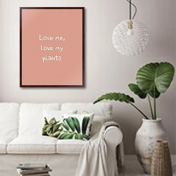 «Love me, love my plants» в интерьере светлой гостиной в скандинавском стиле над диваном