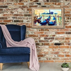 «Венеция на рассвете» в интерьере в стиле лофт с кирпичной стеной и синим креслом