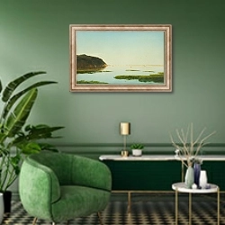 «View of the Shrewsbury River, New Jersey» в интерьере гостиной в зеленых тонах