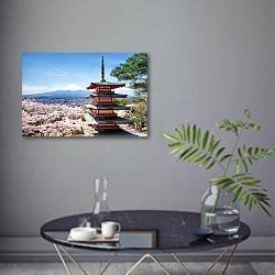 «Япония. Chureito Pagoda in Fujiyoshida» в интерьере современной гостиной в серых тонах