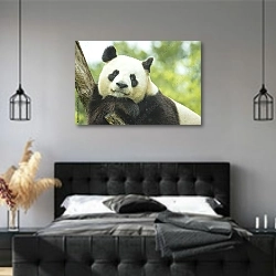 «Задумчивая панда на ветке» в интерьере современной спальни с черной кроватью