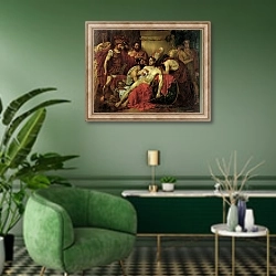 «The Death of Epaminondas» в интерьере гостиной в зеленых тонах