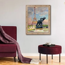 «The Eiffel Tower and the Elephant by Fremiet» в интерьере гостиной в бордовых тонах