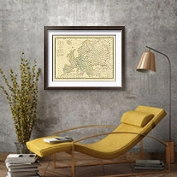 «Карта Европы, включая европейскую часть России, 1828 г.» в интерьере в стиле лофт с желтым креслом